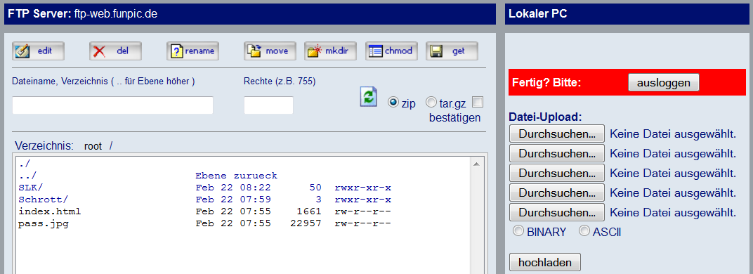 Homepage-Ordner im Fenster von www2ftp